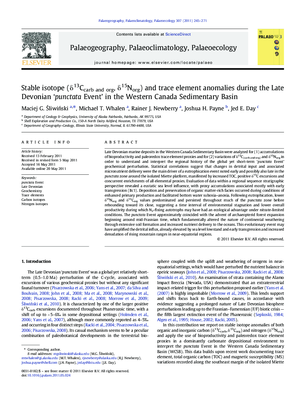 Stable isotope (δ13Ccarb and org, δ15Norg) and trace element anomalies during the Late Devonian ‘punctata Event’ in the Western Canada Sedimentary Basin