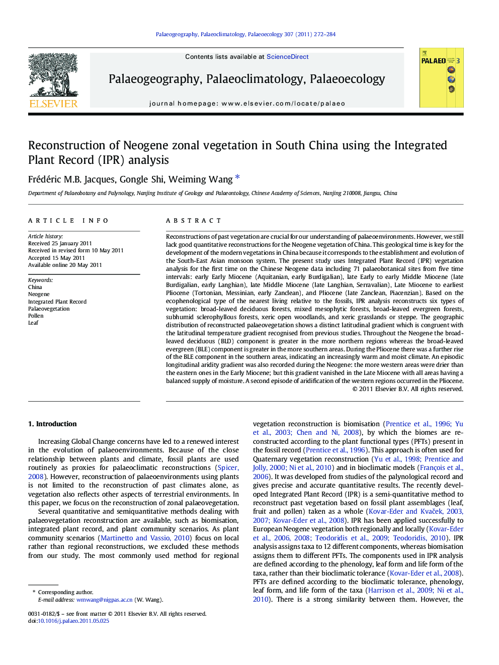 Reconstruction of Neogene zonal vegetation in South China using the Integrated Plant Record (IPR) analysis