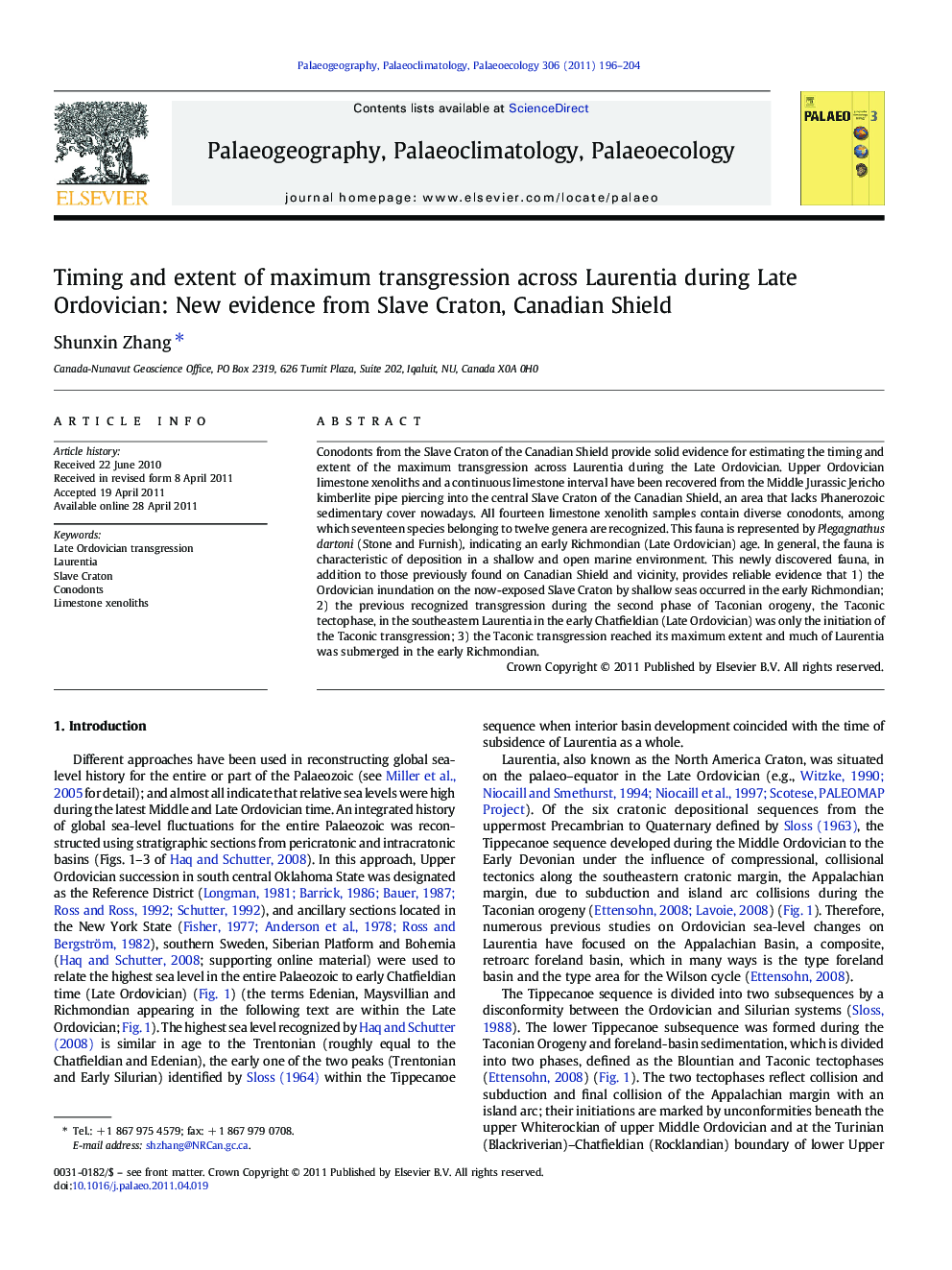 Timing and extent of maximum transgression across Laurentia during Late Ordovician: New evidence from Slave Craton, Canadian Shield