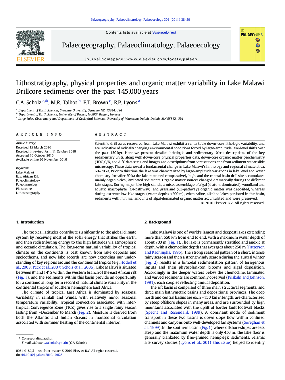 Lithostratigraphy, physical properties and organic matter variability in Lake Malawi Drillcore sediments over the past 145,000 years