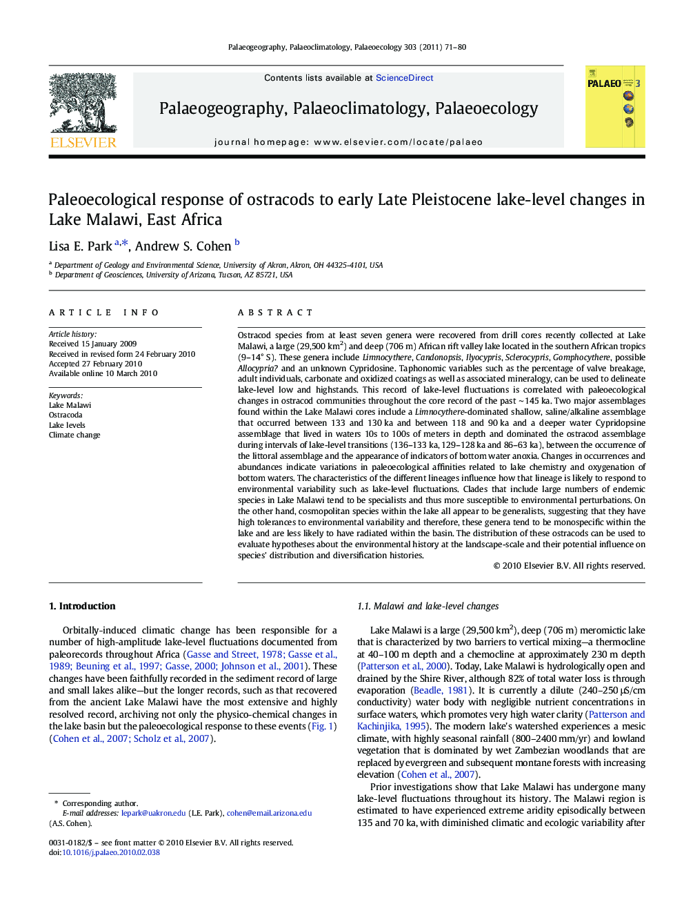 Paleoecological response of ostracods to early Late Pleistocene lake-level changes in Lake Malawi, East Africa
