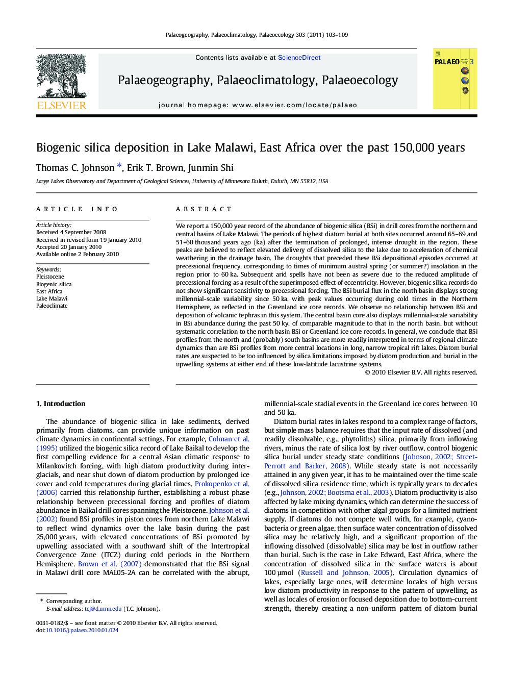 Biogenic silica deposition in Lake Malawi, East Africa over the past 150,000 years