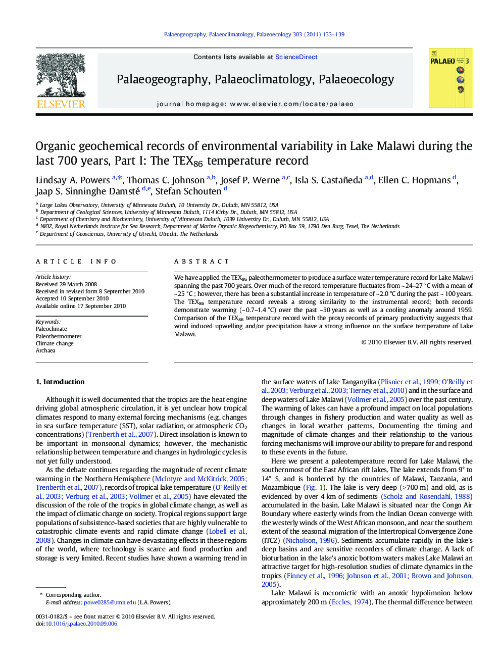 Organic geochemical records of environmental variability in Lake Malawi during the last 700 years, Part I: The TEX86 temperature record