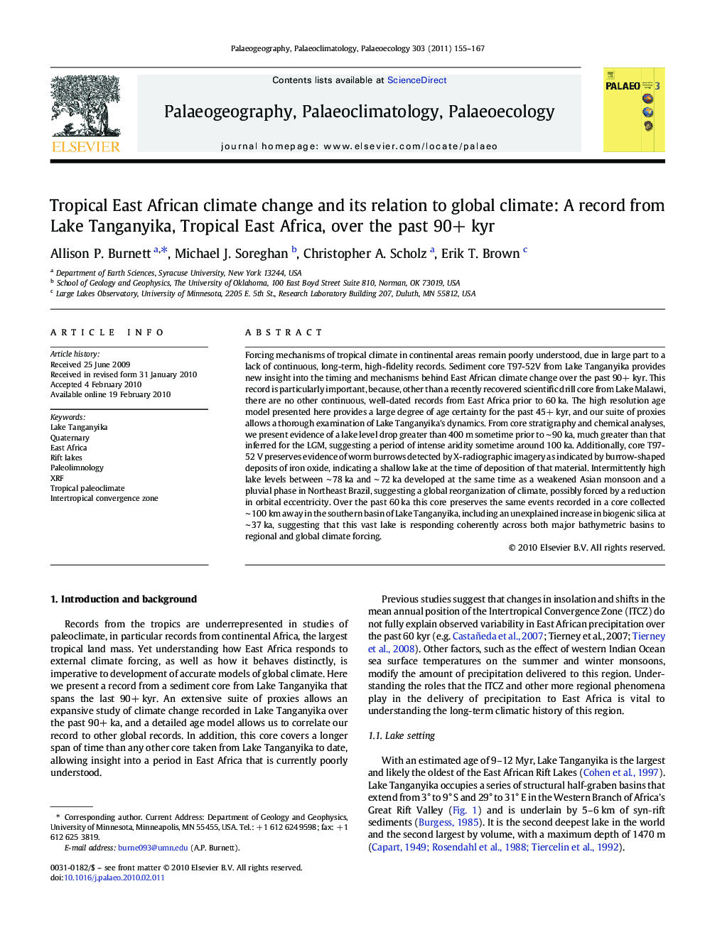 Tropical East African climate change and its relation to global climate: A record from Lake Tanganyika, Tropical East Africa, over the past 90+ kyr