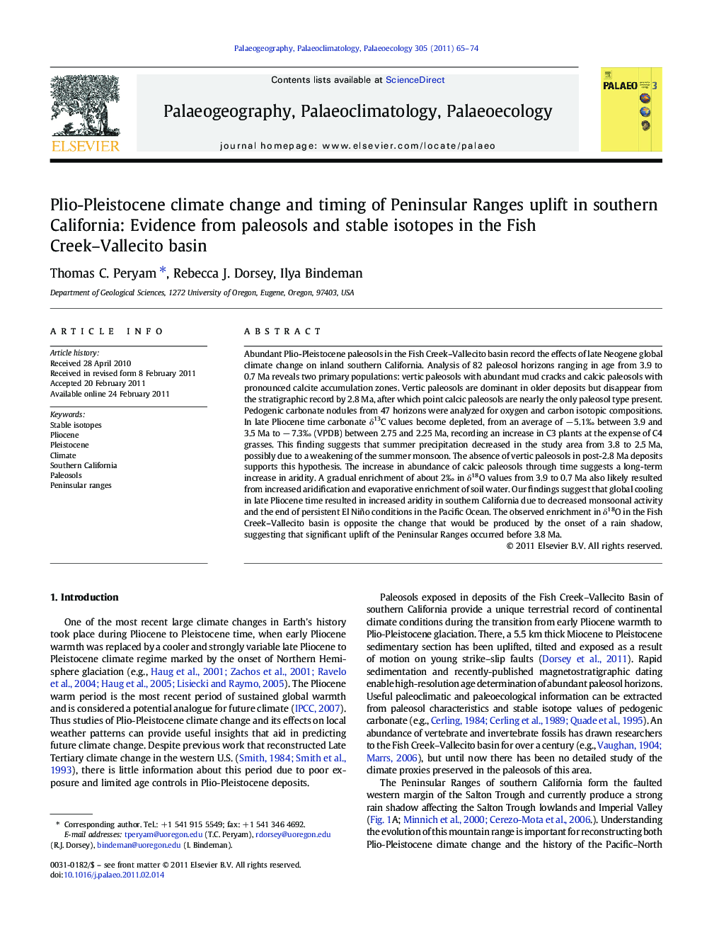 Plio-Pleistocene climate change and timing of Peninsular Ranges uplift in southern California: Evidence from paleosols and stable isotopes in the Fish Creek–Vallecito basin