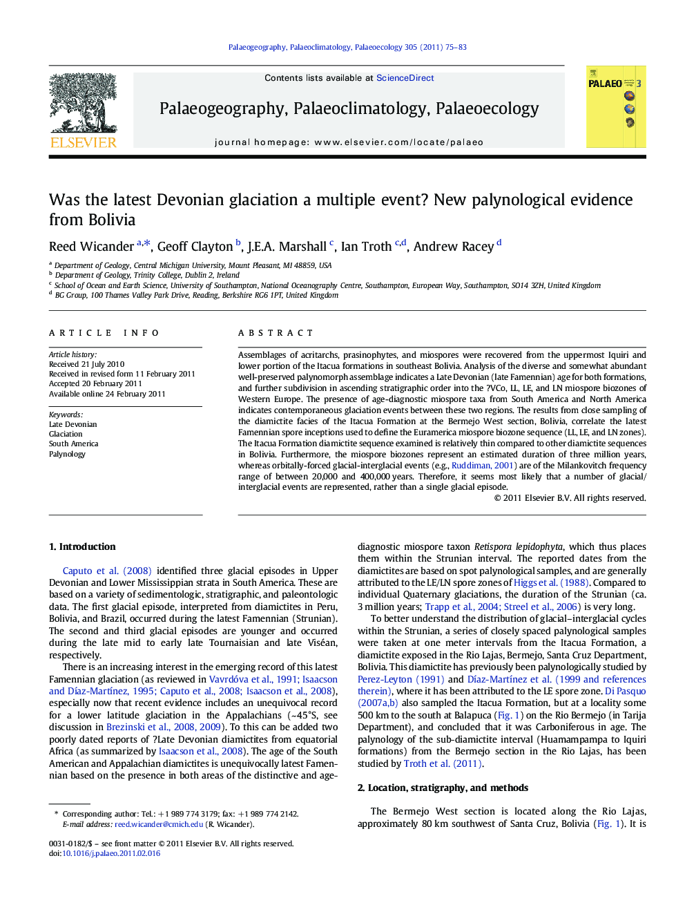 Was the latest Devonian glaciation a multiple event? New palynological evidence from Bolivia