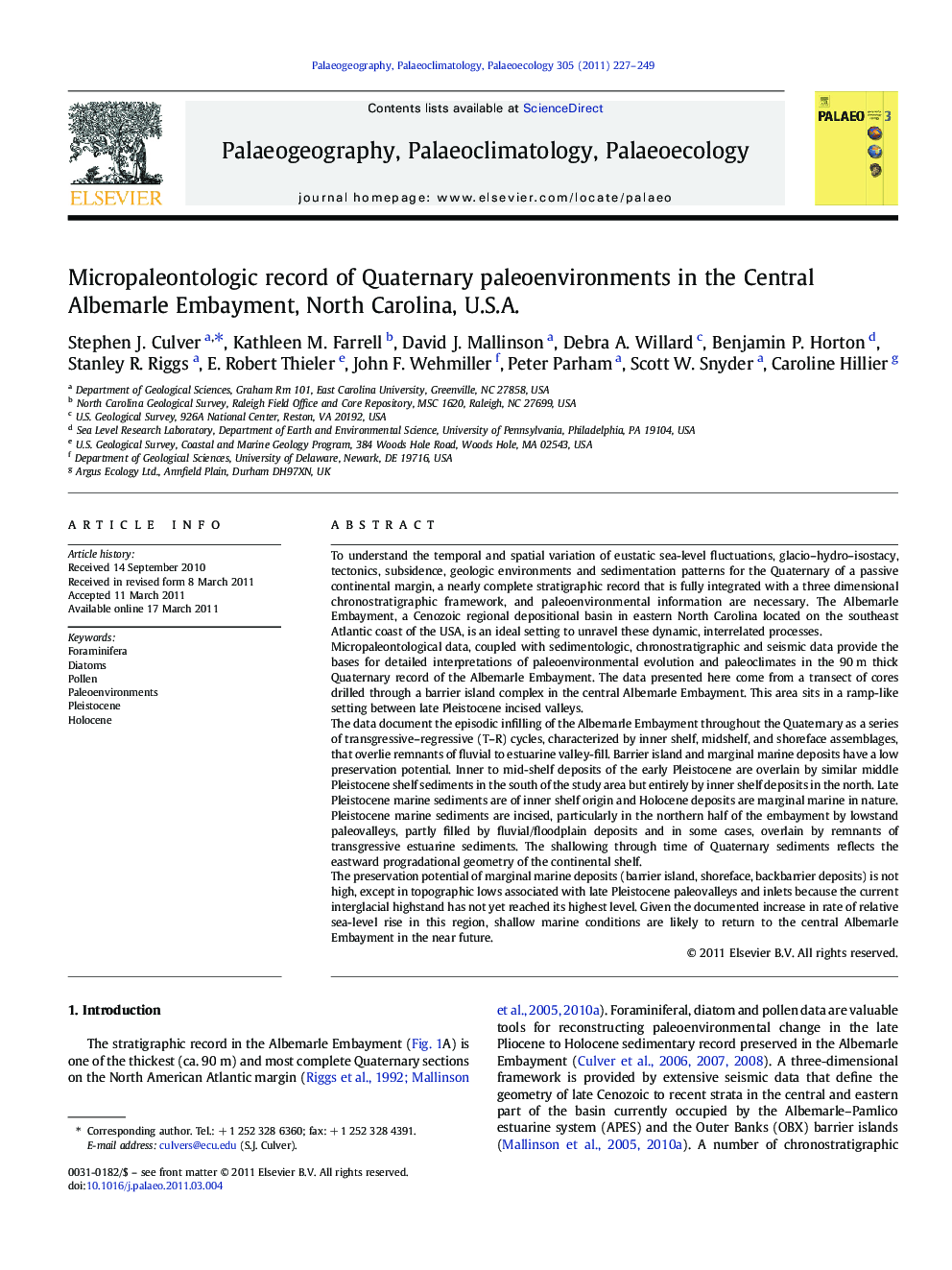 Micropaleontologic record of Quaternary paleoenvironments in the Central Albemarle Embayment, North Carolina, U.S.A.