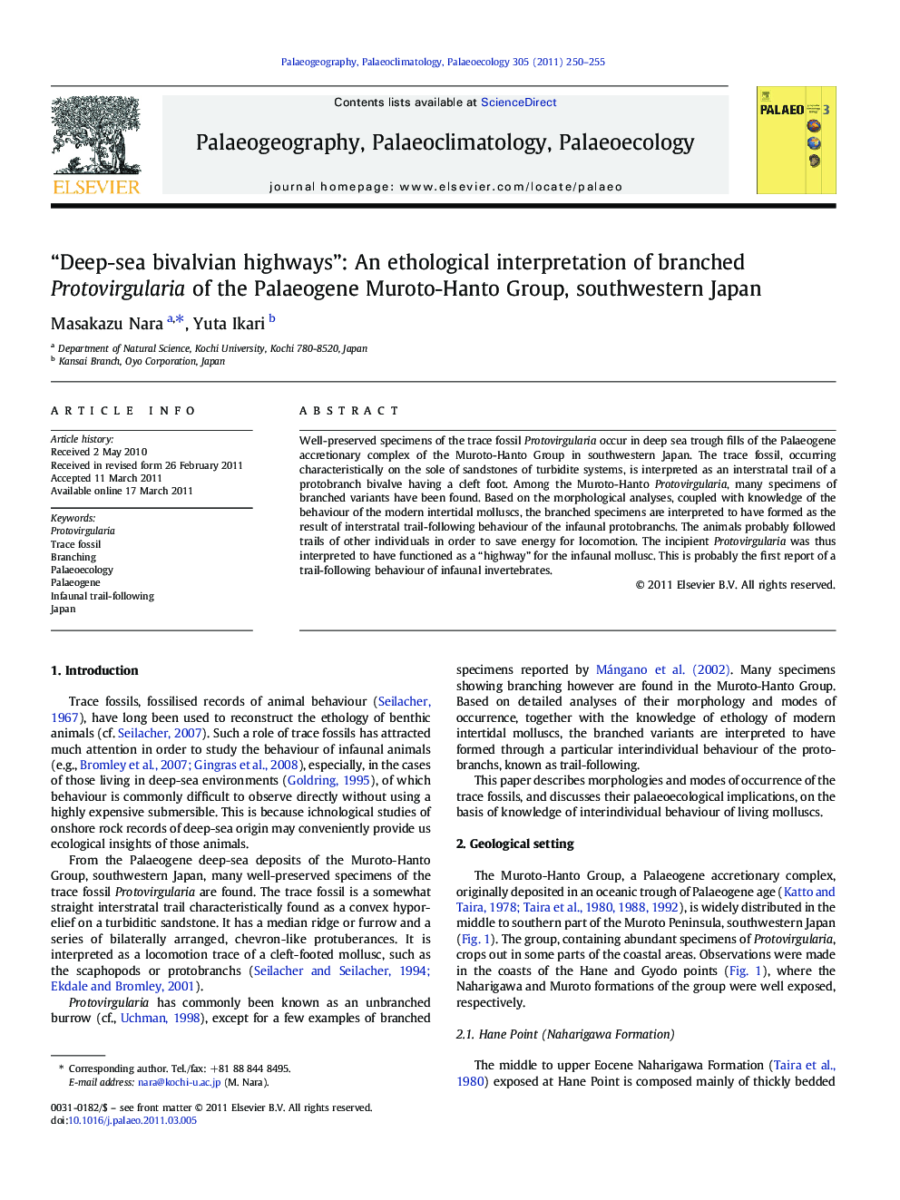 “Deep-sea bivalvian highways”: An ethological interpretation of branched Protovirgularia of the Palaeogene Muroto-Hanto Group, southwestern Japan