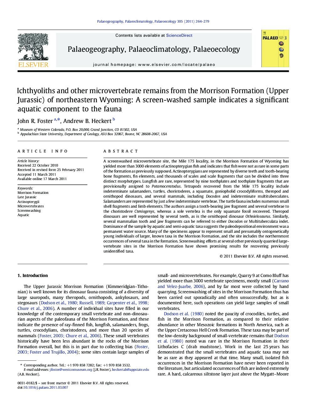 Ichthyoliths and other microvertebrate remains from the Morrison Formation (Upper Jurassic) of northeastern Wyoming: A screen-washed sample indicates a significant aquatic component to the fauna