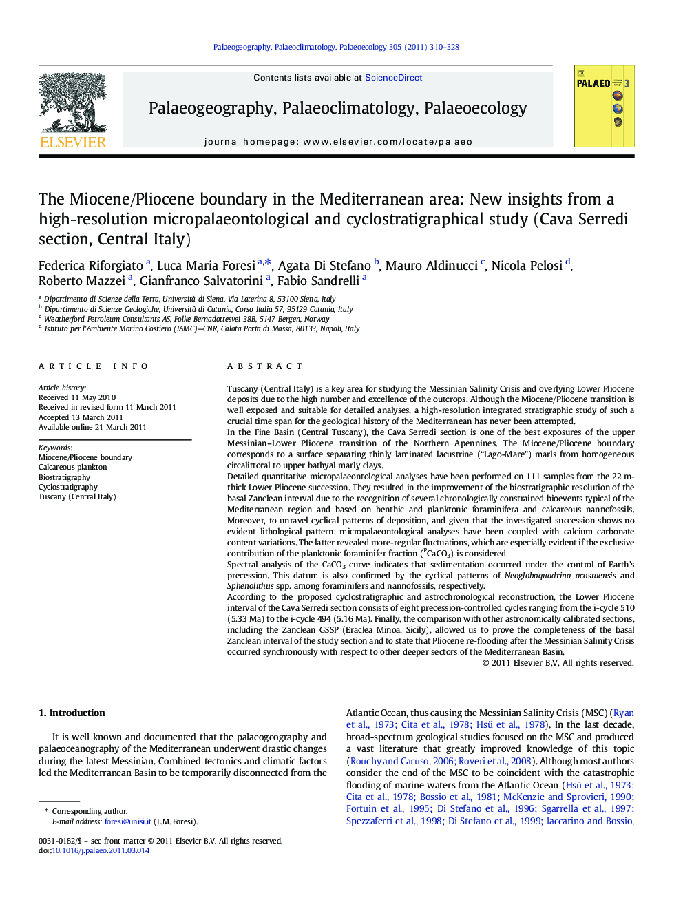 The Miocene/Pliocene boundary in the Mediterranean area: New insights from a high-resolution micropalaeontological and cyclostratigraphical study (Cava Serredi section, Central Italy)