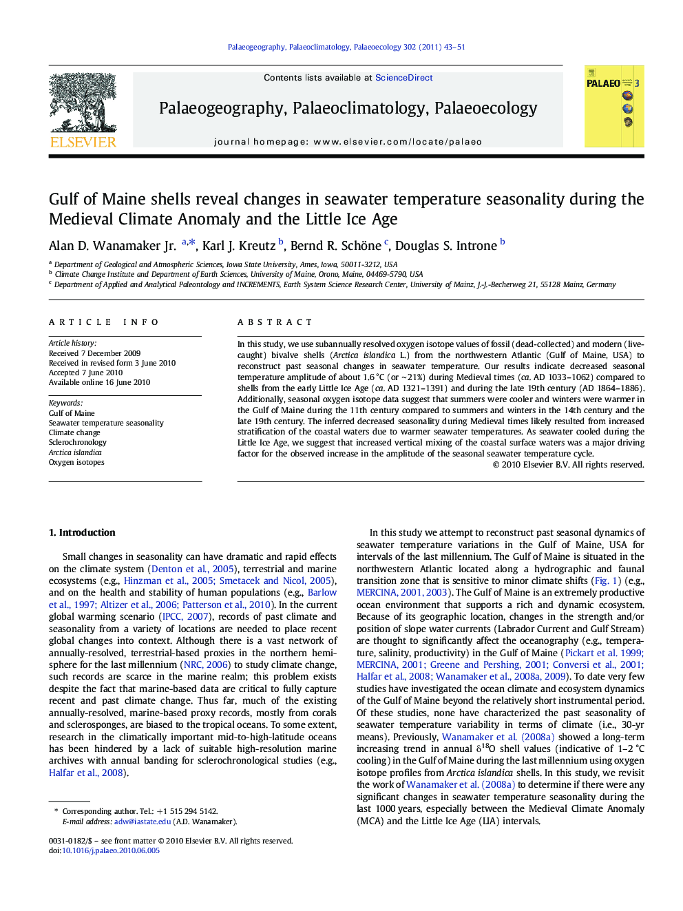 Gulf of Maine shells reveal changes in seawater temperature seasonality during the Medieval Climate Anomaly and the Little Ice Age