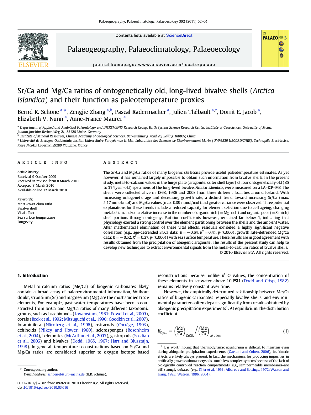 Sr/Ca and Mg/Ca ratios of ontogenetically old, long-lived bivalve shells (Arctica islandica) and their function as paleotemperature proxies