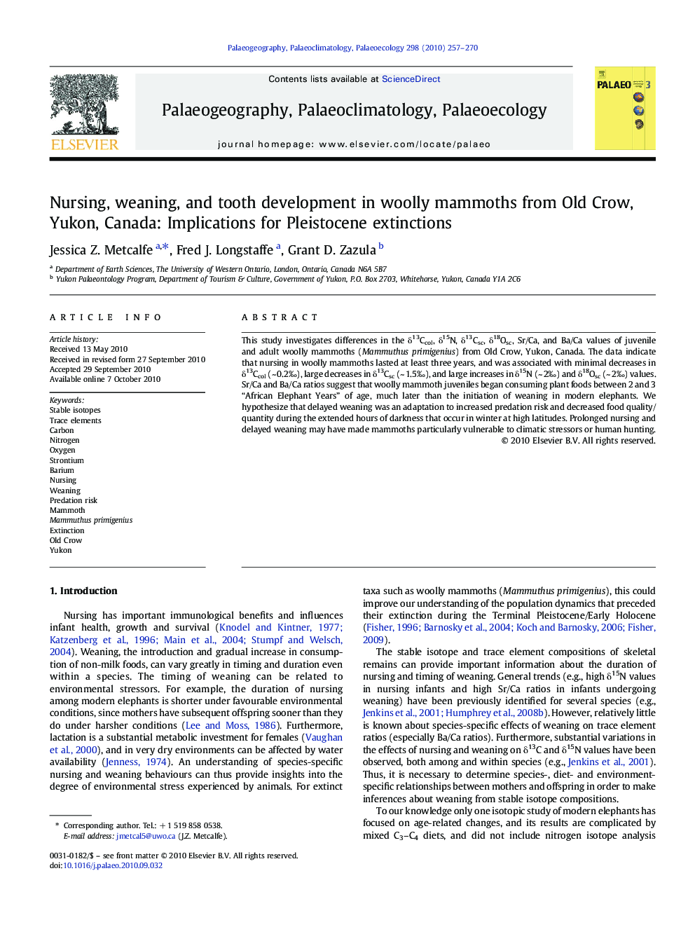 Nursing, weaning, and tooth development in woolly mammoths from Old Crow, Yukon, Canada: Implications for Pleistocene extinctions