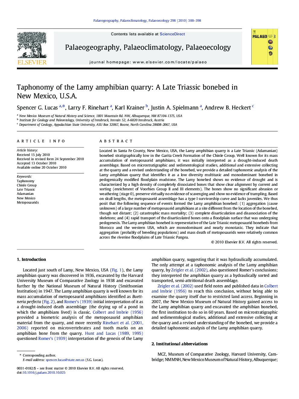 Taphonomy of the Lamy amphibian quarry: A Late Triassic bonebed in New Mexico, U.S.A.