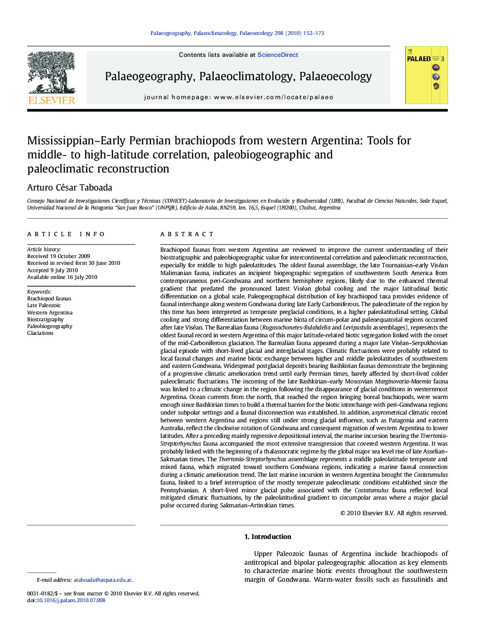 Mississippian–Early Permian brachiopods from western Argentina: Tools for middle- to high-latitude correlation, paleobiogeographic and paleoclimatic reconstruction