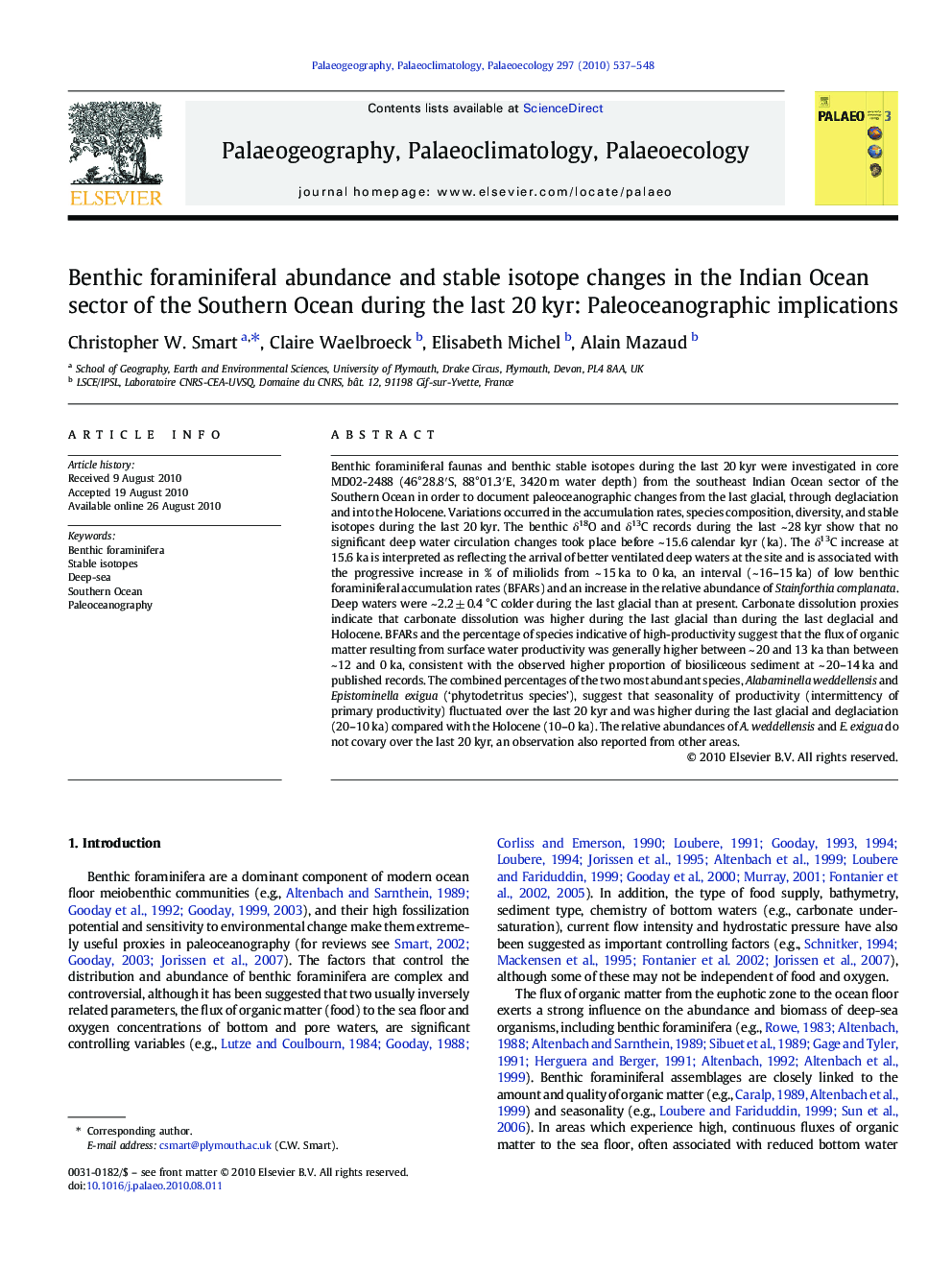 Benthic foraminiferal abundance and stable isotope changes in the Indian Ocean sector of the Southern Ocean during the last 20 kyr: Paleoceanographic implications