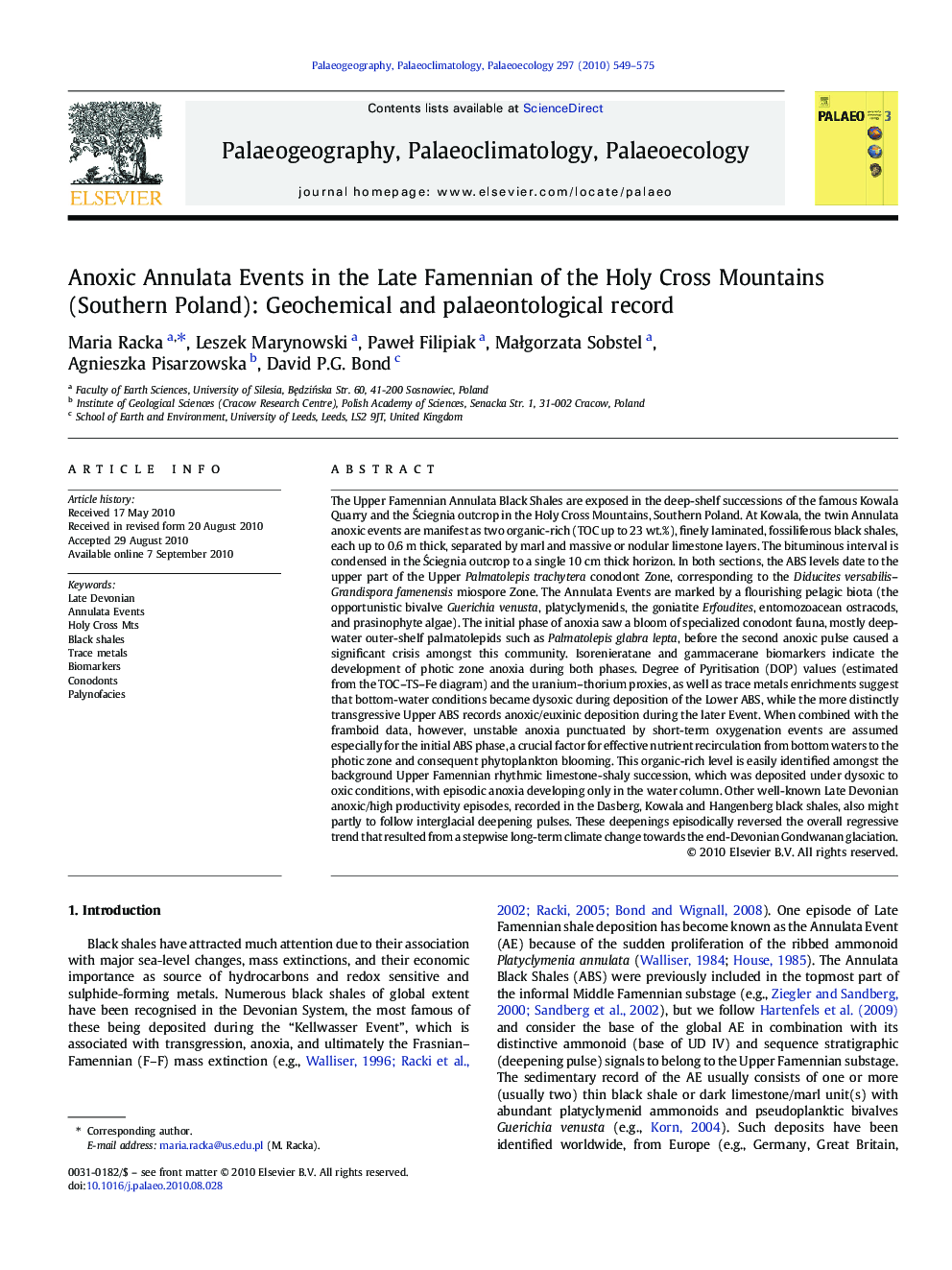 Anoxic Annulata Events in the Late Famennian of the Holy Cross Mountains (Southern Poland): Geochemical and palaeontological record