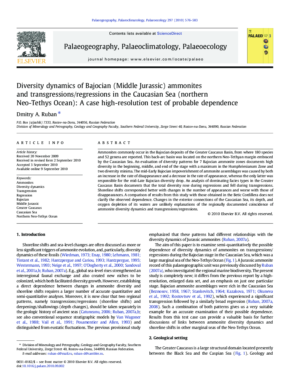 Diversity dynamics of Bajocian (Middle Jurassic) ammonites and transgressions/regressions in the Caucasian Sea (northern Neo-Tethys Ocean): A case high-resolution test of probable dependence