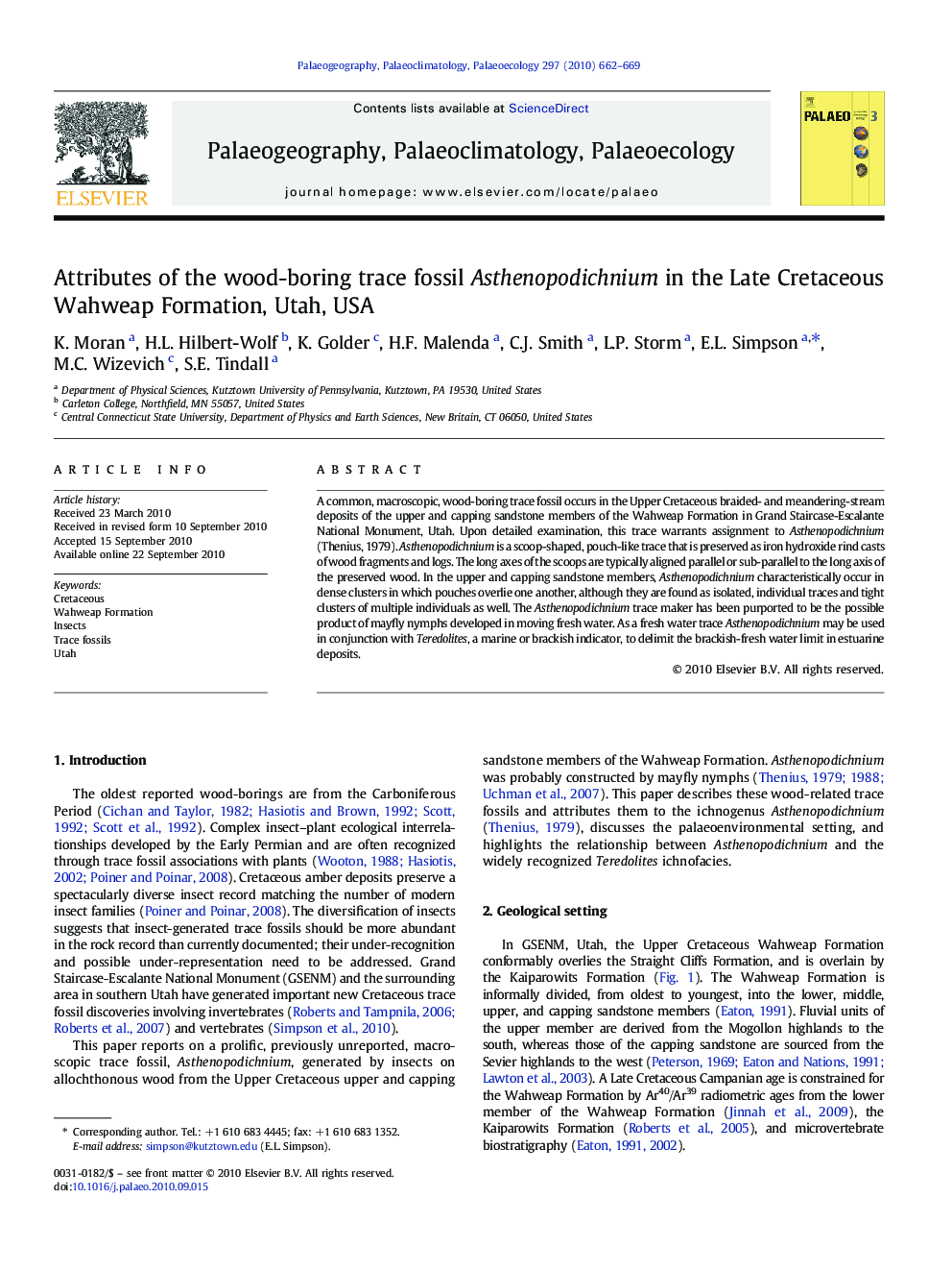 Attributes of the wood-boring trace fossil Asthenopodichnium in the Late Cretaceous Wahweap Formation, Utah, USA