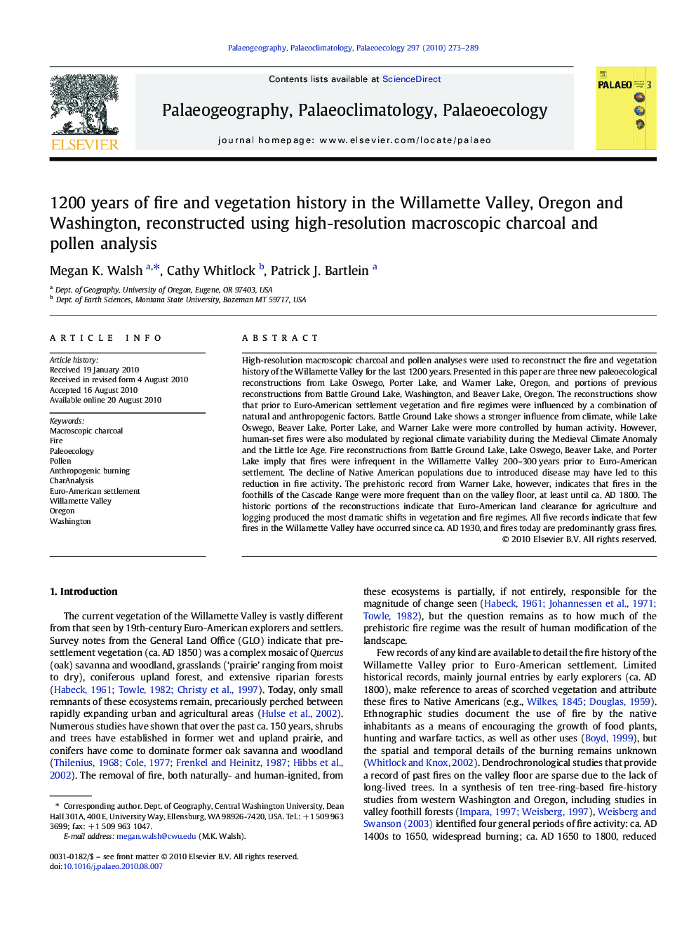 1200 years of fire and vegetation history in the Willamette Valley, Oregon and Washington, reconstructed using high-resolution macroscopic charcoal and pollen analysis