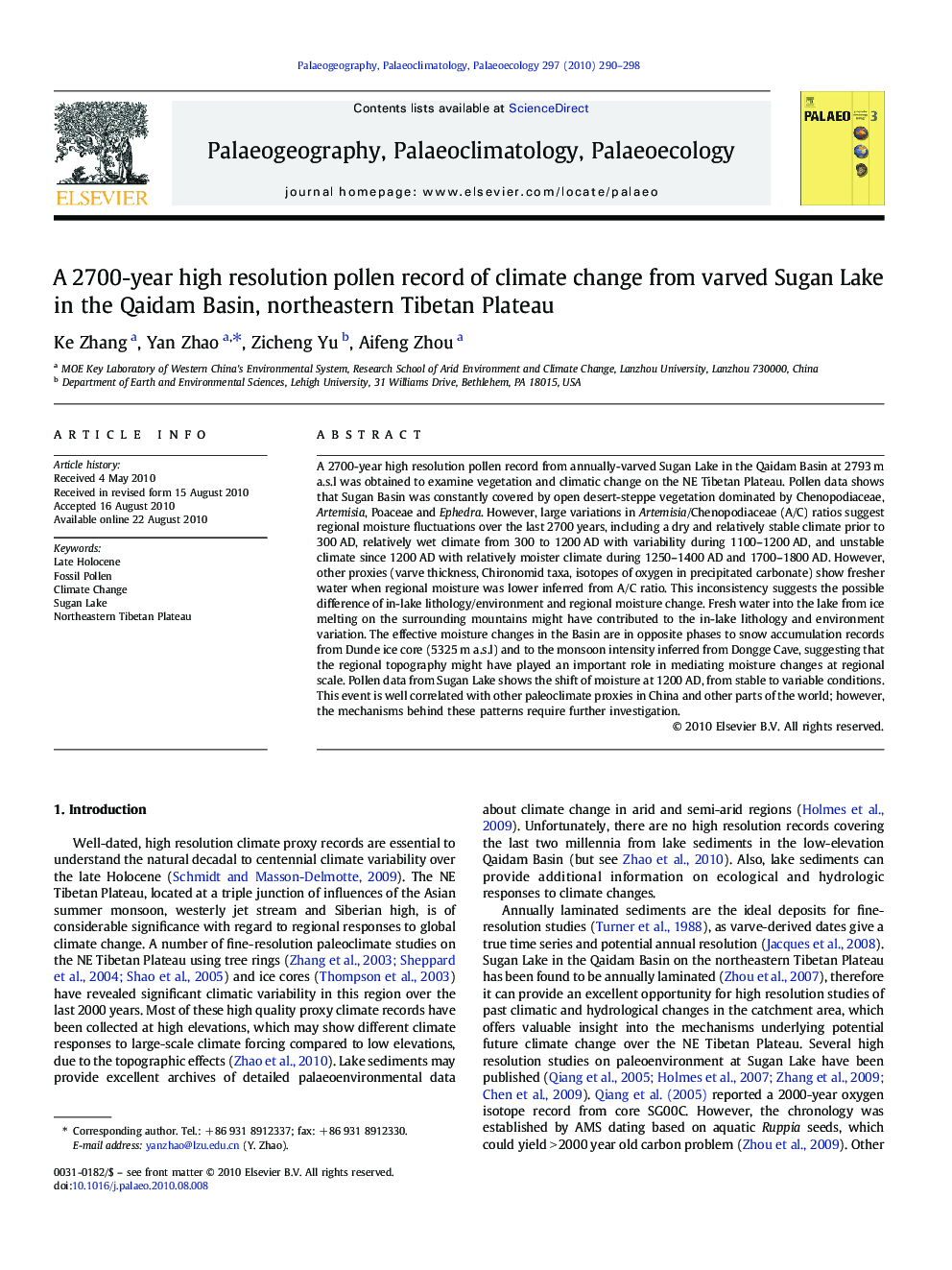 A 2700-year high resolution pollen record of climate change from varved Sugan Lake in the Qaidam Basin, northeastern Tibetan Plateau