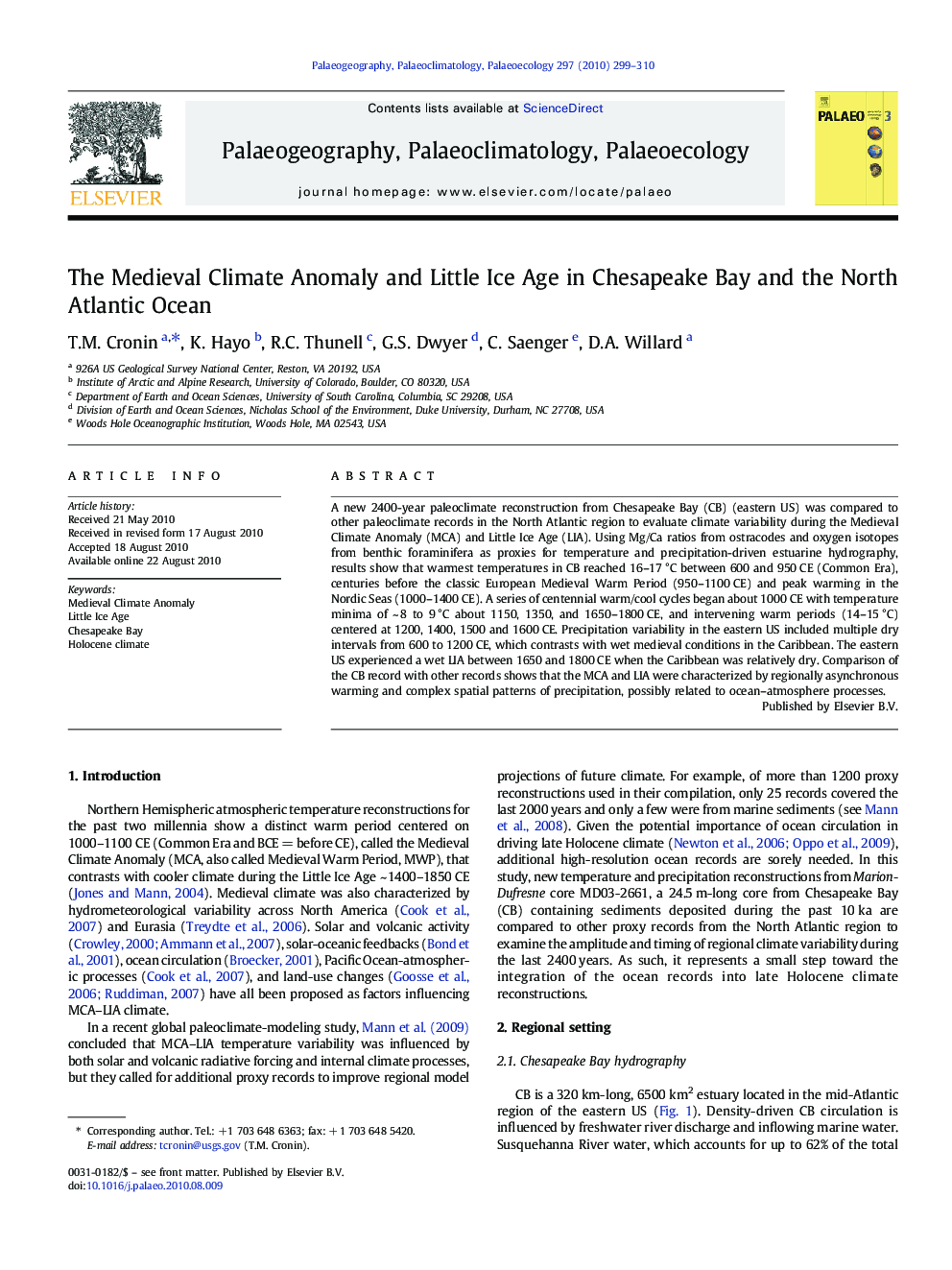 The Medieval Climate Anomaly and Little Ice Age in Chesapeake Bay and the North Atlantic Ocean