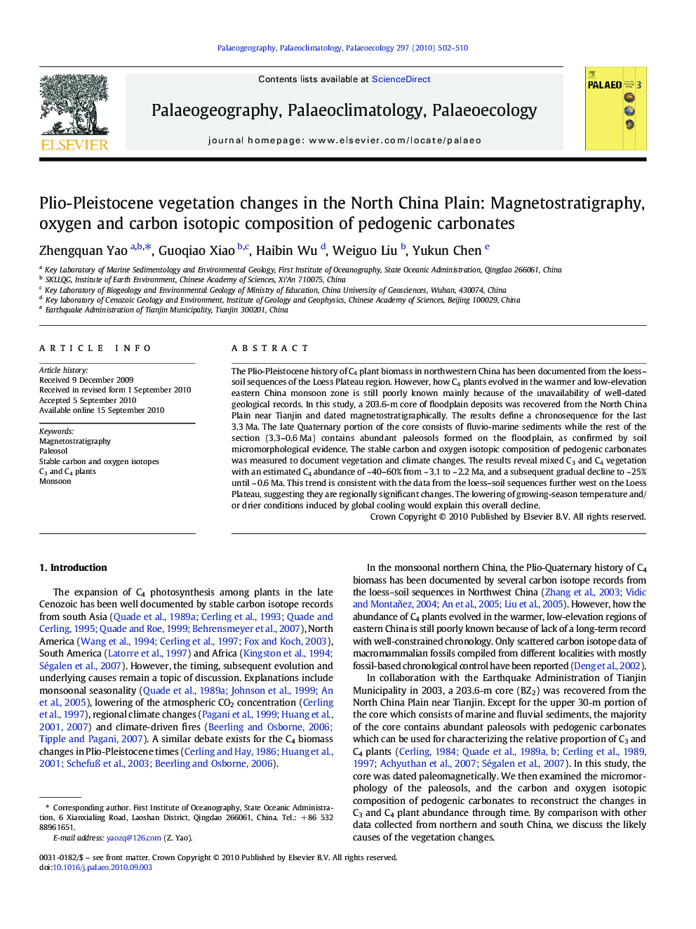 Plio-Pleistocene vegetation changes in the North China Plain: Magnetostratigraphy, oxygen and carbon isotopic composition of pedogenic carbonates