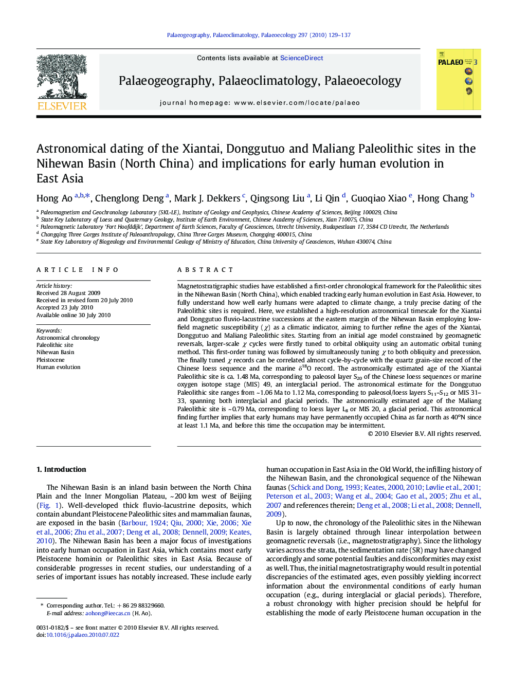 Astronomical dating of the Xiantai, Donggutuo and Maliang Paleolithic sites in the Nihewan Basin (North China) and implications for early human evolution in East Asia