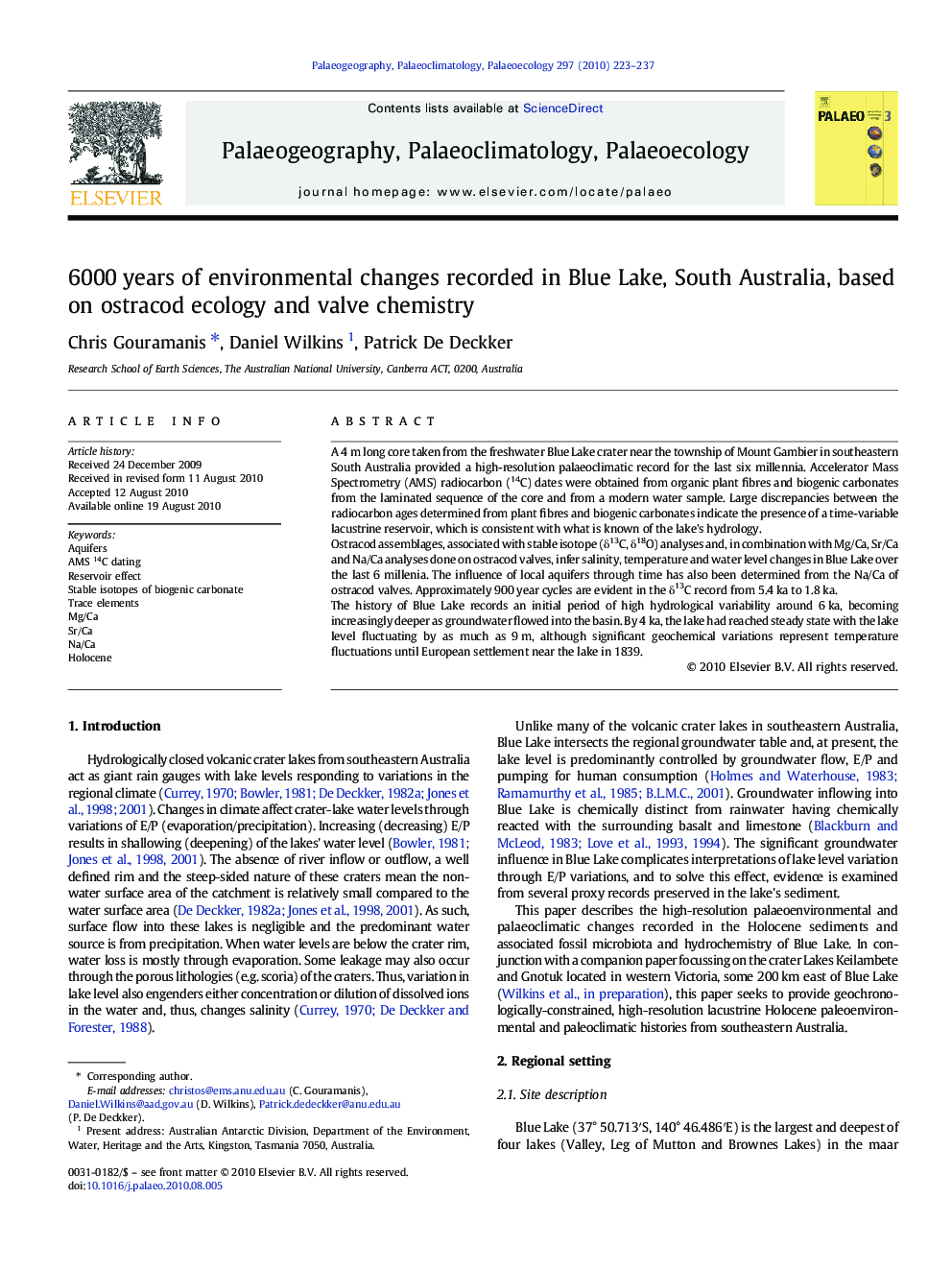 6000 years of environmental changes recorded in Blue Lake, South Australia, based on ostracod ecology and valve chemistry