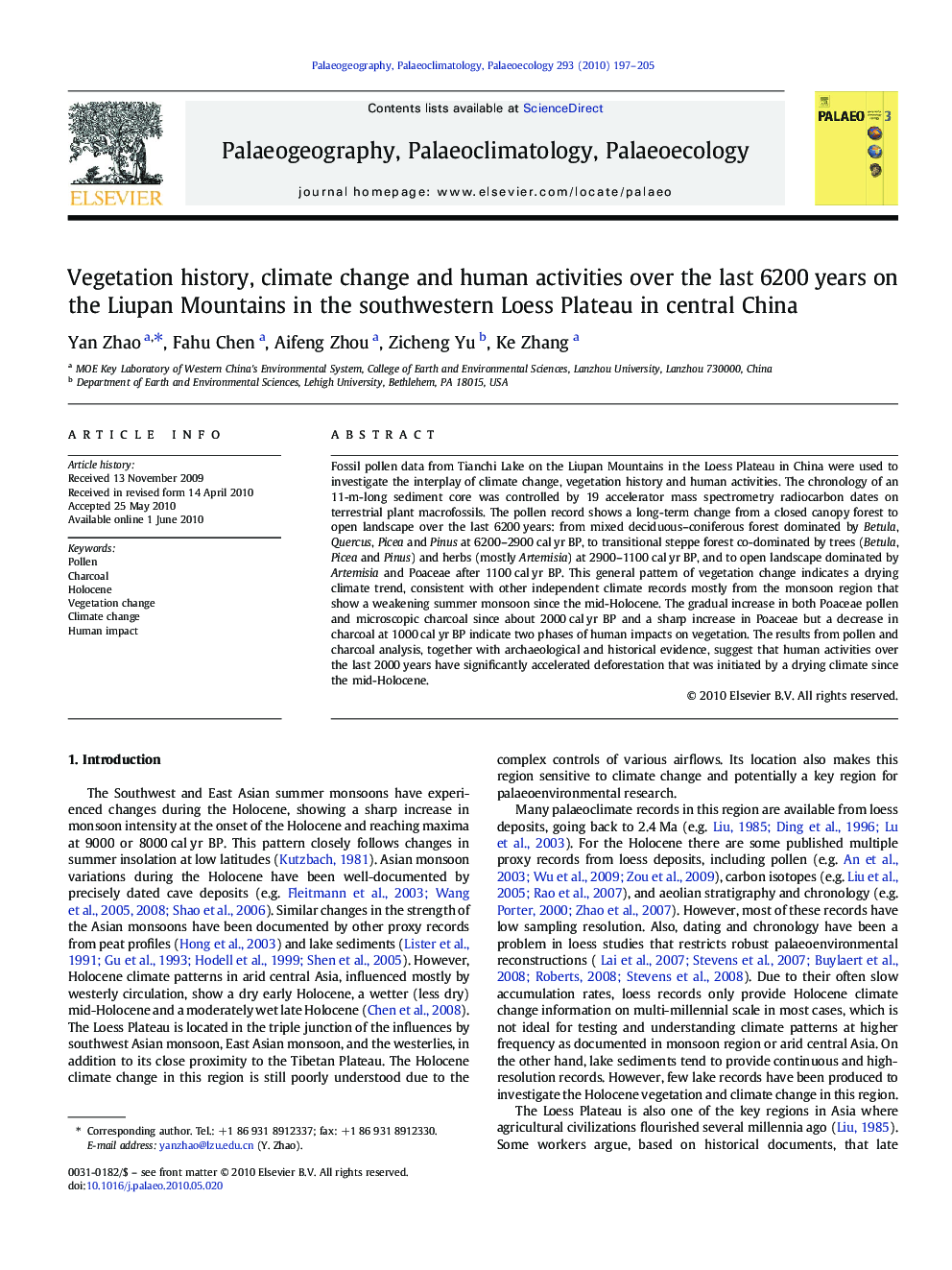 Vegetation history, climate change and human activities over the last 6200 years on the Liupan Mountains in the southwestern Loess Plateau in central China