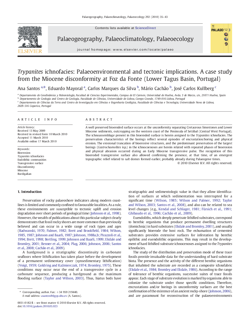 Trypanites ichnofacies: Palaeoenvironmental and tectonic implications. A case study from the Miocene disconformity at Foz da Fonte (Lower Tagus Basin, Portugal)