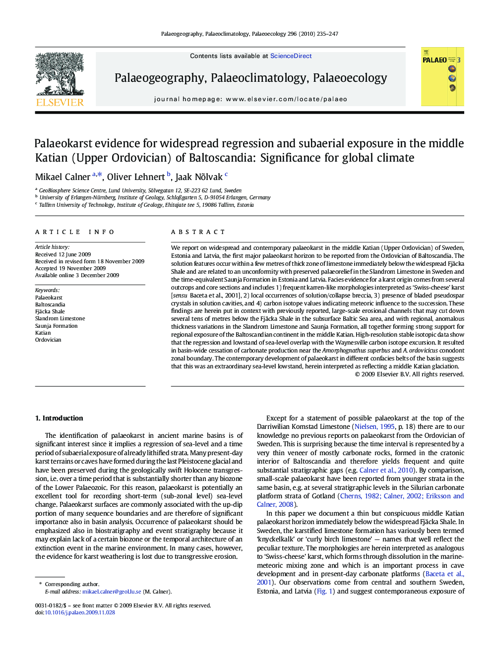 Palaeokarst evidence for widespread regression and subaerial exposure in the middle Katian (Upper Ordovician) of Baltoscandia: Significance for global climate