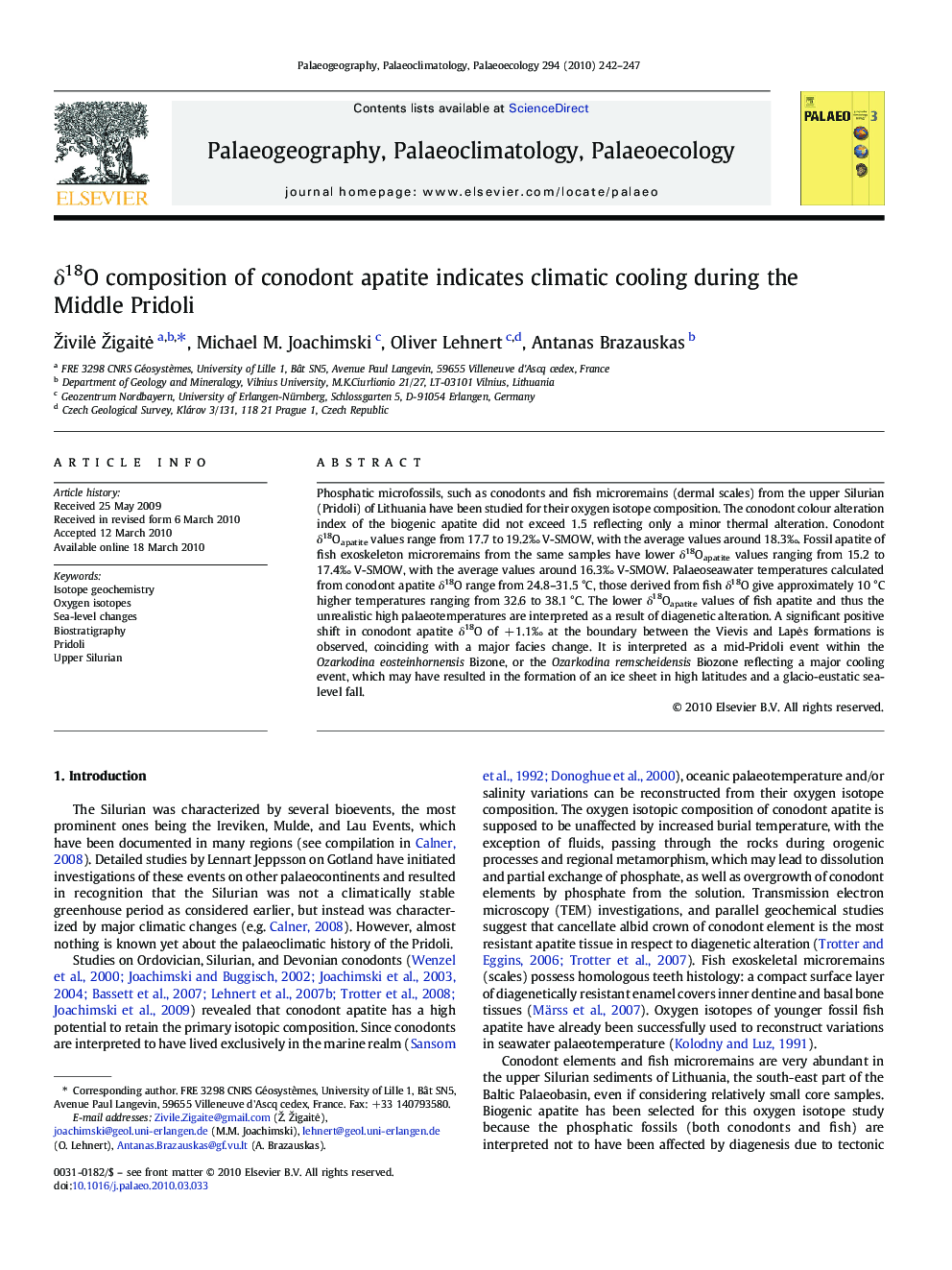 δ18O composition of conodont apatite indicates climatic cooling during the Middle Pridoli