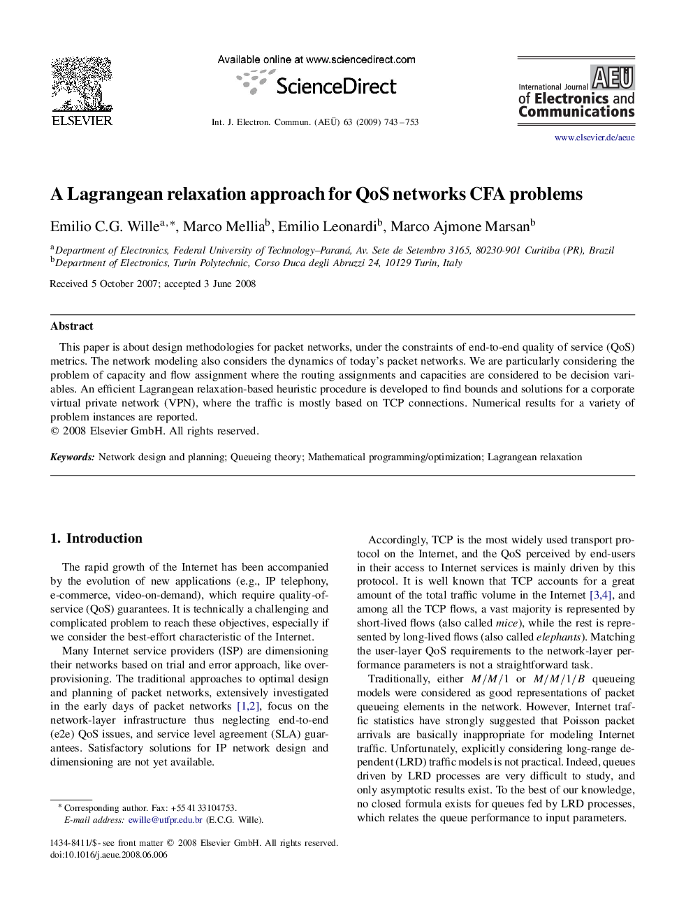 A Lagrangean relaxation approach for QoS networks CFA problems