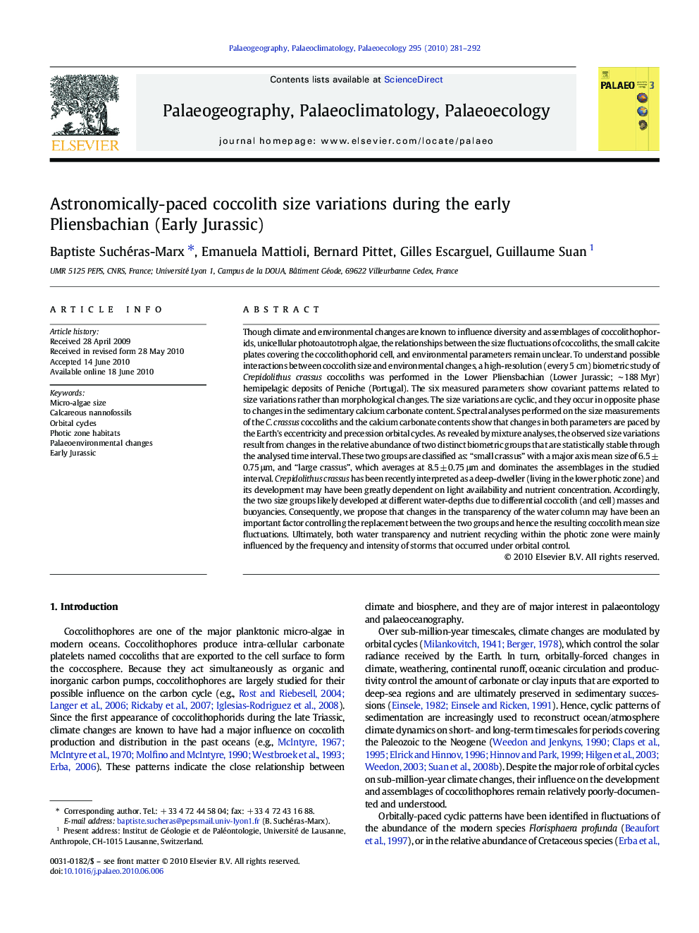 Astronomically-paced coccolith size variations during the early Pliensbachian (Early Jurassic)