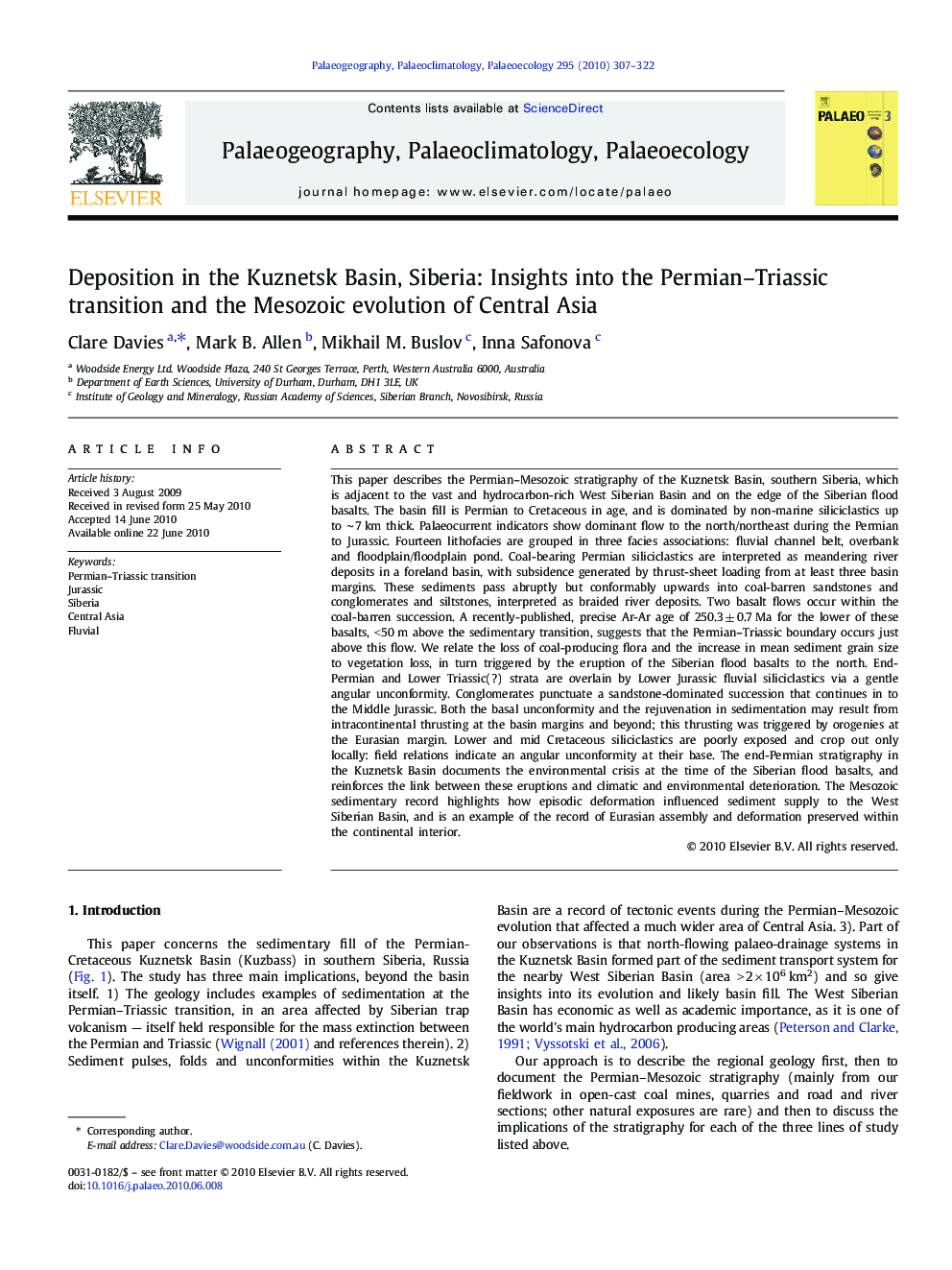 Deposition in the Kuznetsk Basin, Siberia: Insights into the Permian-Triassic transition and the Mesozoic evolution of Central Asia