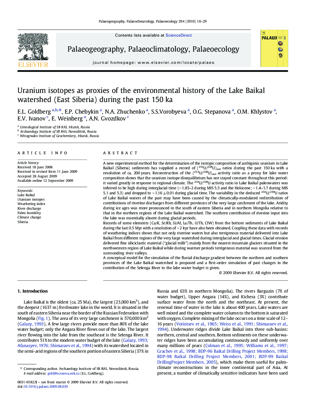 Uranium isotopes as proxies of the environmental history of the Lake Baikal watershed (East Siberia) during the past 150 ka