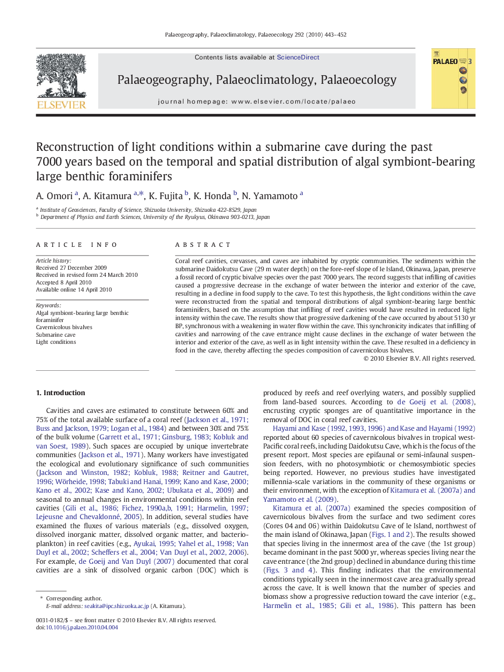 Reconstruction of light conditions within a submarine cave during the past 7000 years based on the temporal and spatial distribution of algal symbiont-bearing large benthic foraminifers