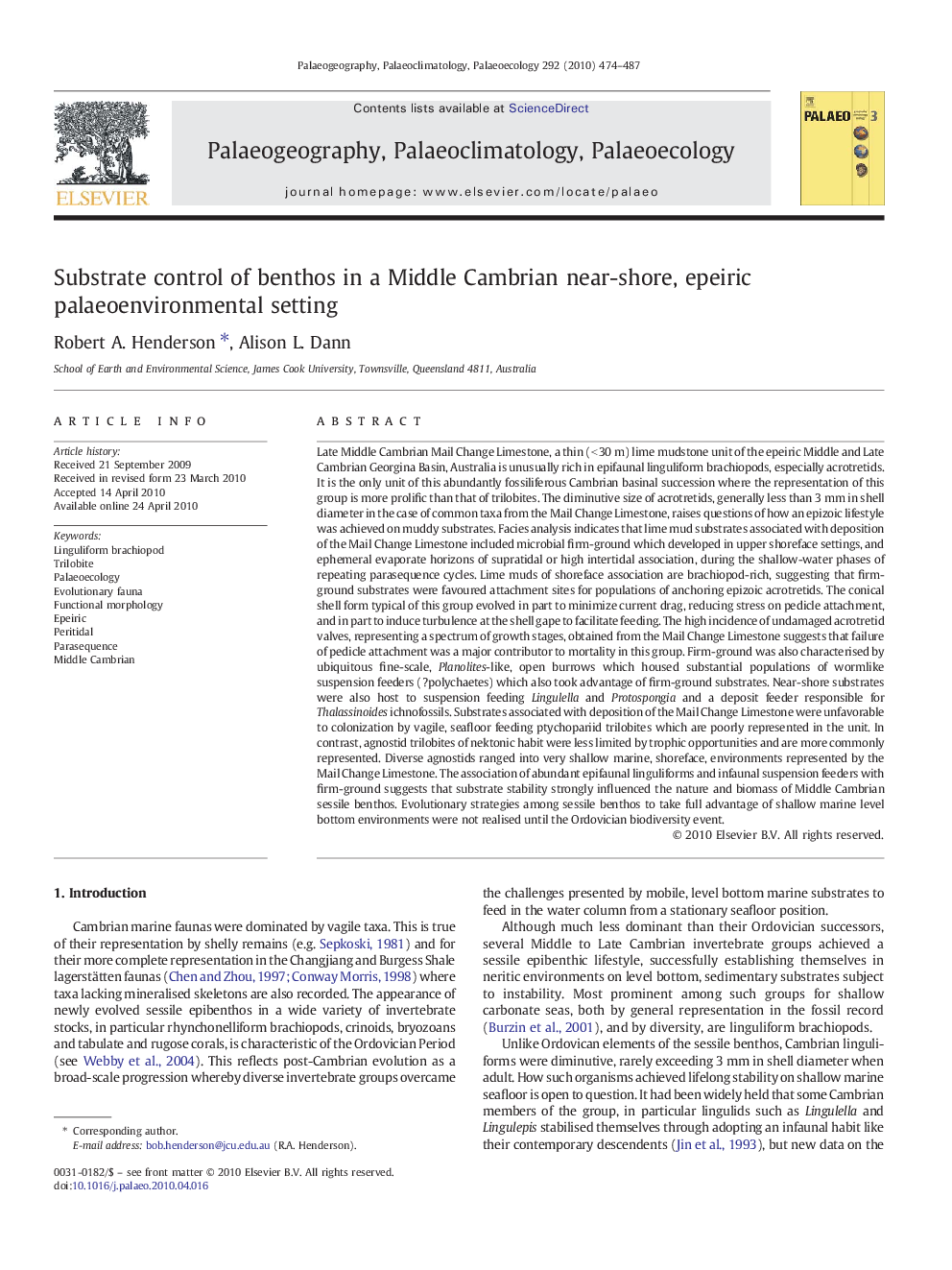 Substrate control of benthos in a Middle Cambrian near-shore, epeiric palaeoenvironmental setting