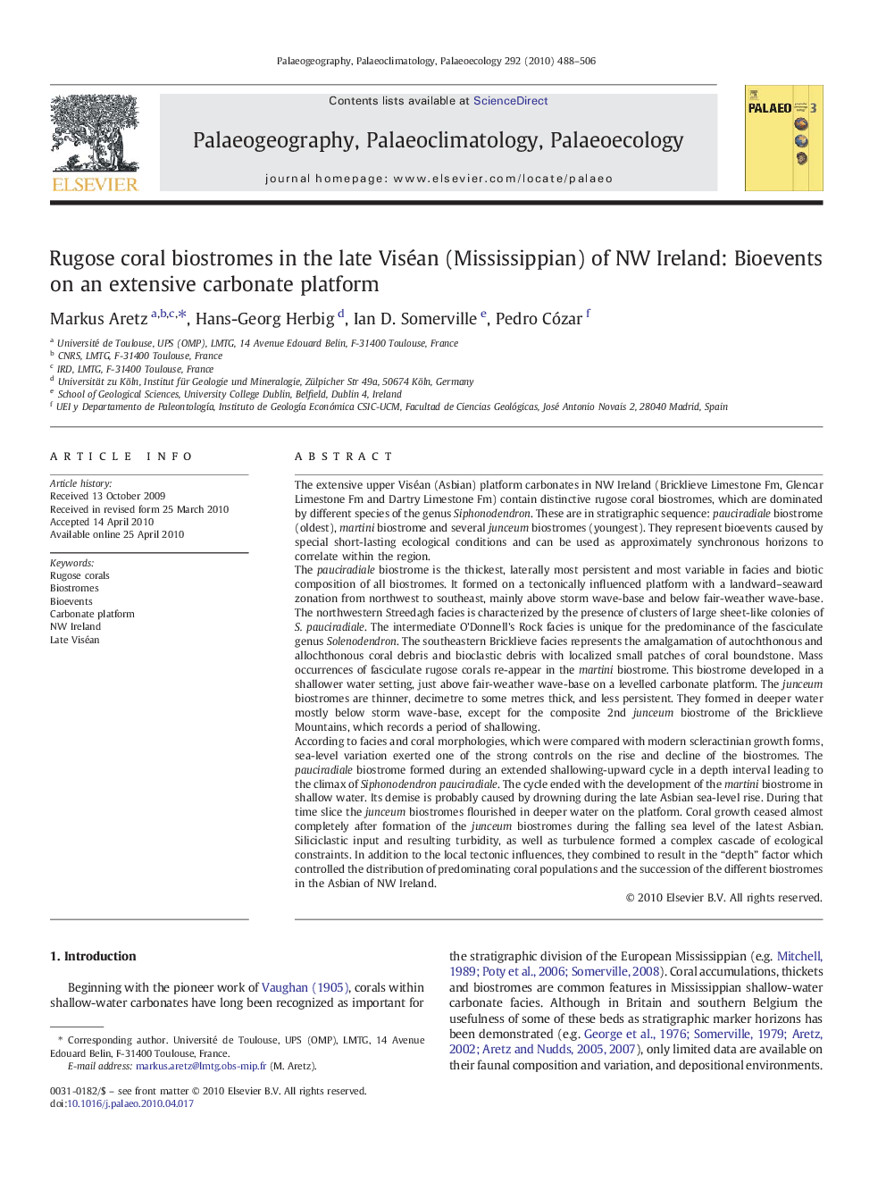 Rugose coral biostromes in the late Viséan (Mississippian) of NW Ireland: Bioevents on an extensive carbonate platform