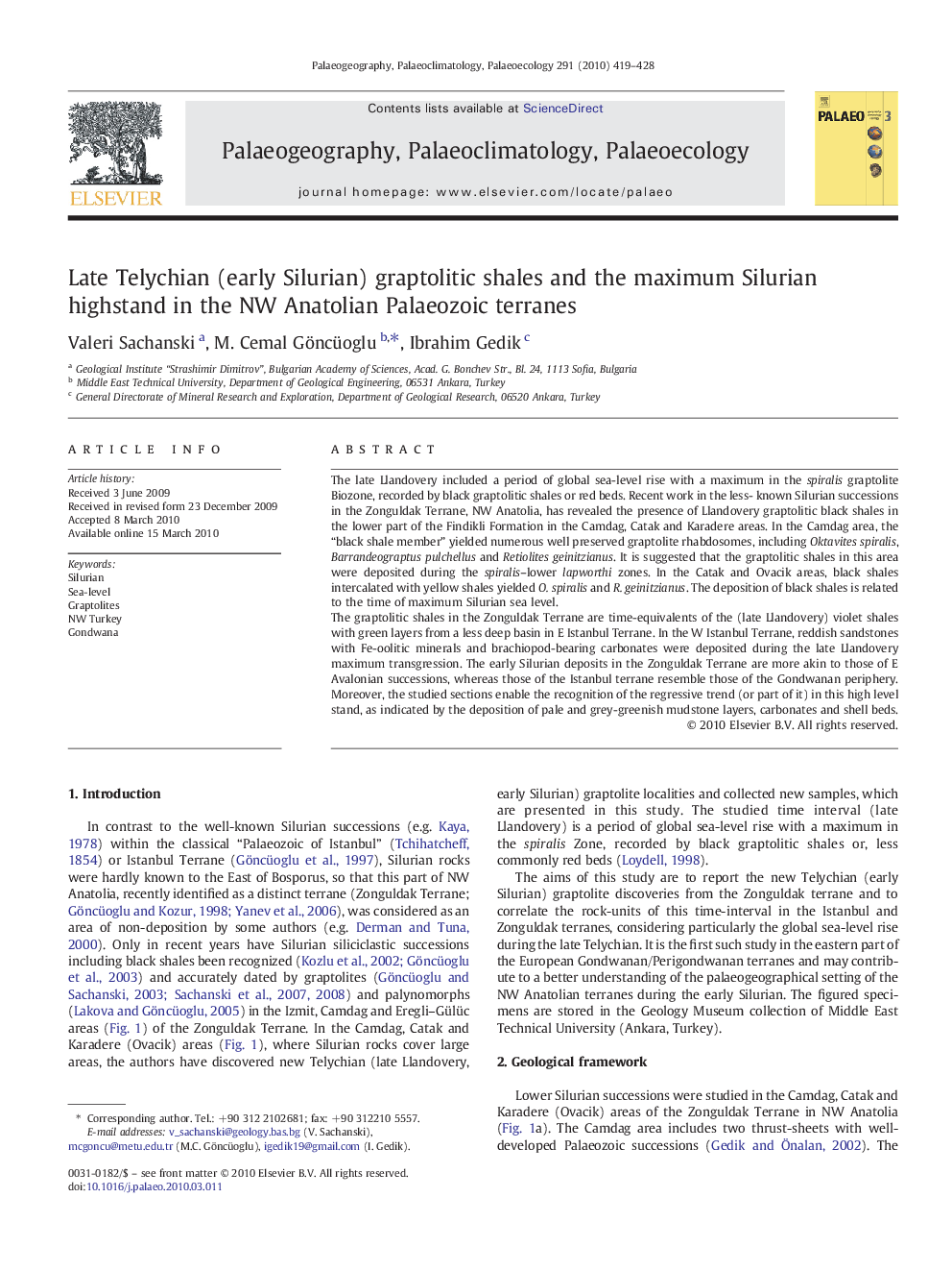 Late Telychian (early Silurian) graptolitic shales and the maximum Silurian highstand in the NW Anatolian Palaeozoic terranes