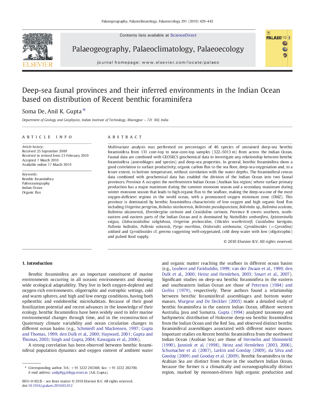 Deep-sea faunal provinces and their inferred environments in the Indian Ocean based on distribution of Recent benthic foraminifera