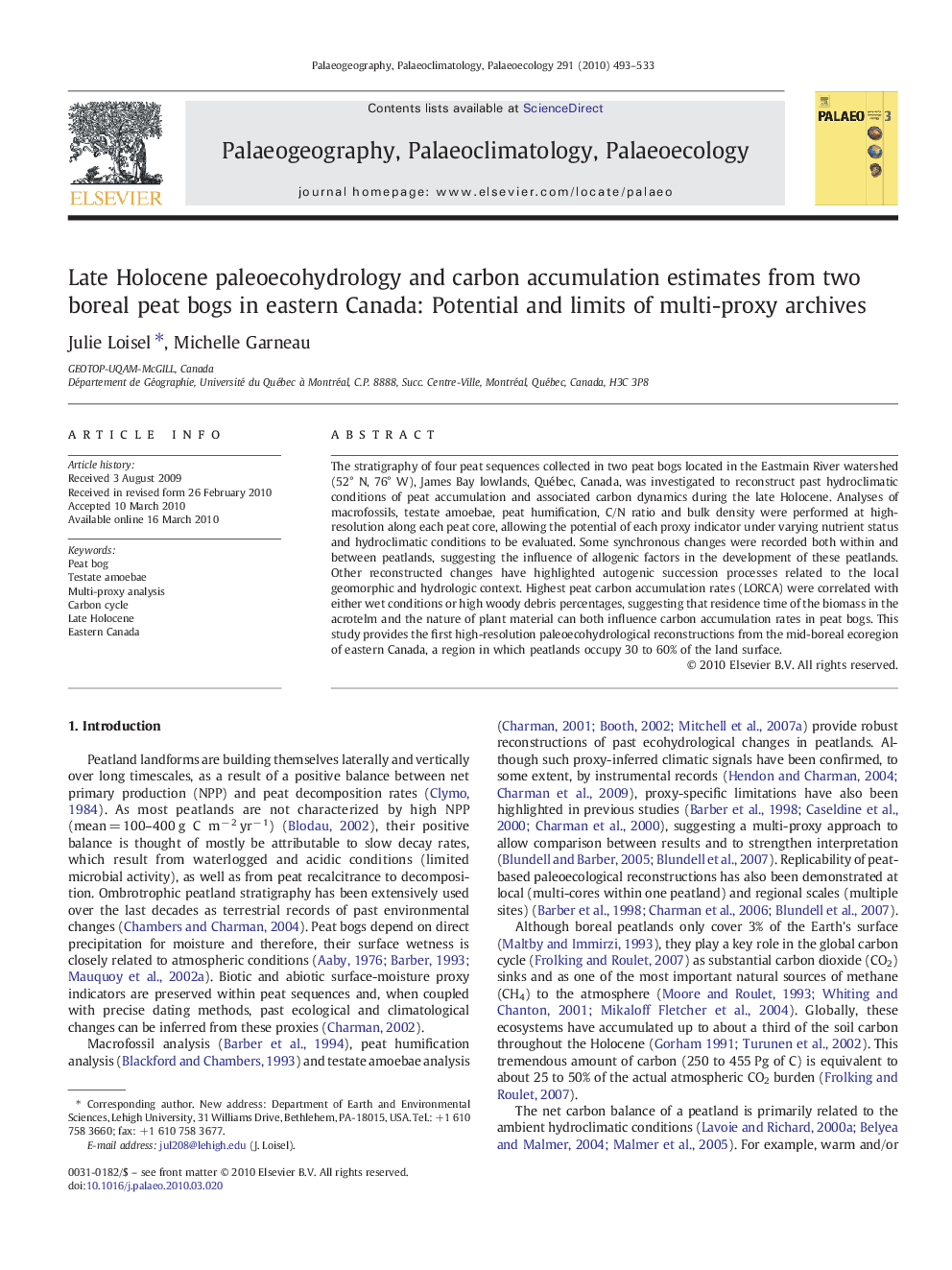 Late Holocene paleoecohydrology and carbon accumulation estimates from two boreal peat bogs in eastern Canada: Potential and limits of multi-proxy archives