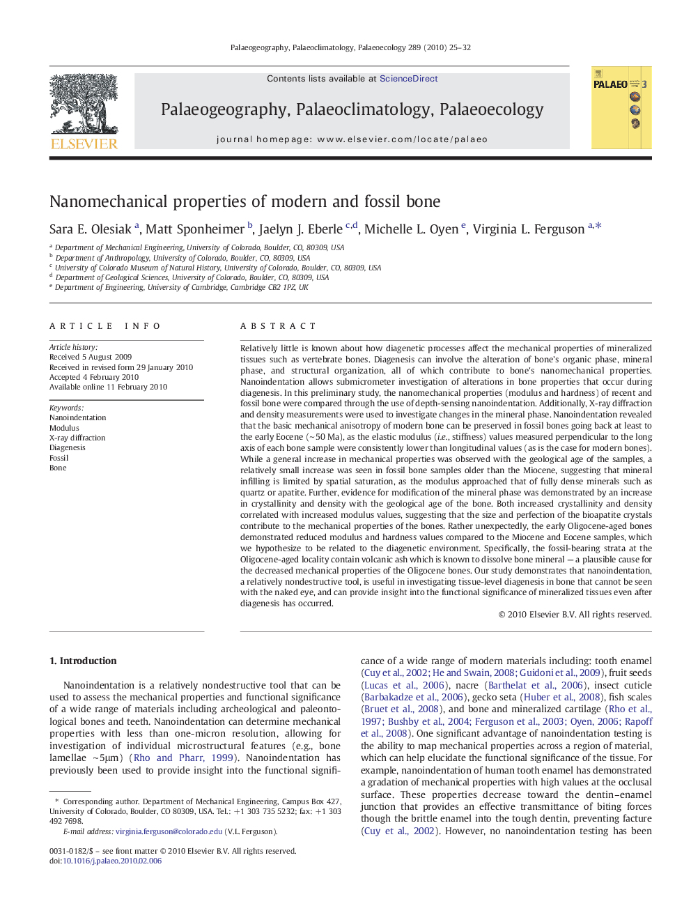 Nanomechanical properties of modern and fossil bone