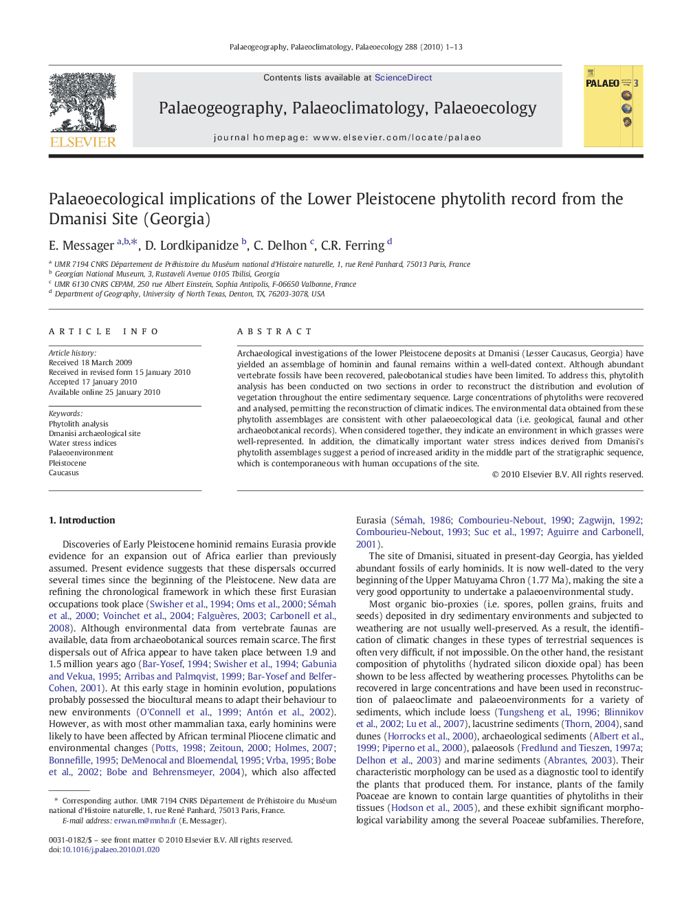 Palaeoecological implications of the Lower Pleistocene phytolith record from the Dmanisi Site (Georgia)