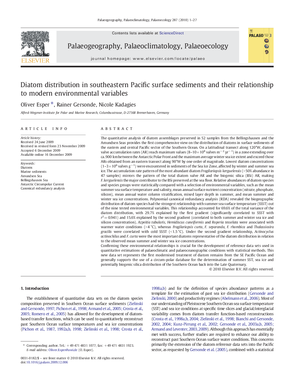 Diatom distribution in southeastern Pacific surface sediments and their relationship to modern environmental variables