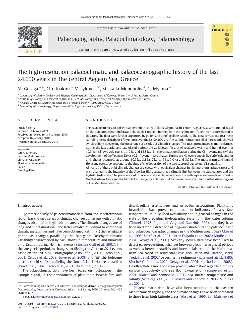 The high-resolution palaeoclimatic and palaeoceanographic history of the last 24,000 years in the central Aegean Sea, Greece