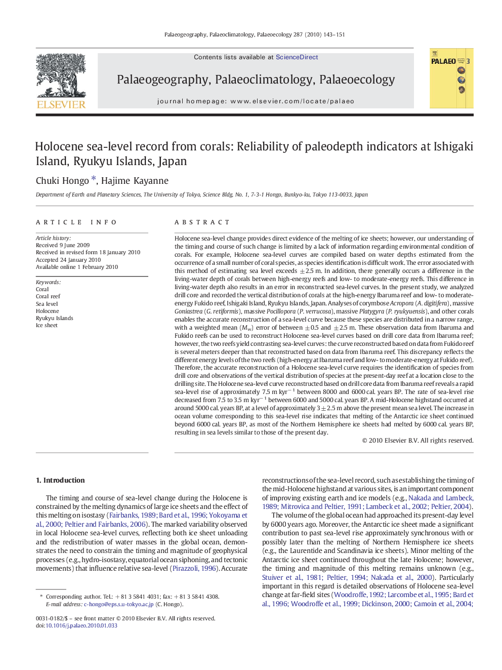 Holocene sea-level record from corals: Reliability of paleodepth indicators at Ishigaki Island, Ryukyu Islands, Japan