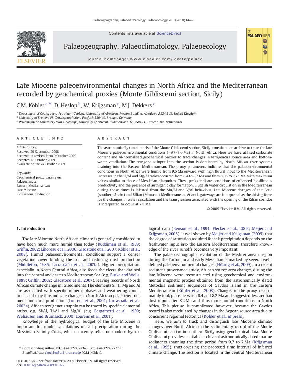 Late Miocene paleoenvironmental changes in North Africa and the Mediterranean recorded by geochemical proxies (Monte Gibliscemi section, Sicily)