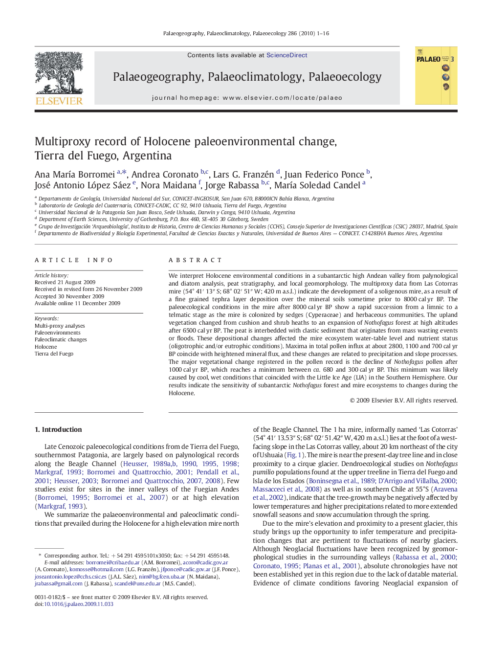 Multiproxy record of Holocene paleoenvironmental change, Tierra del Fuego, Argentina